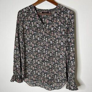 Tahari Floral Blouse XS Black Pink Long Sleeve Ruffle Cuff Lightweight Top